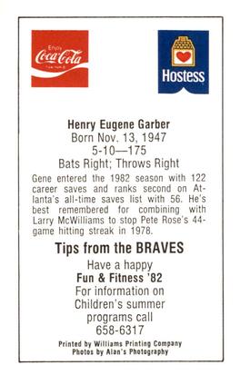 1982 Atlanta PAL Coca-Cola Atlanta Braves #NNO Gene Garber Back