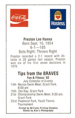 1982 Atlanta PAL Coca-Cola Atlanta Braves #NNO Preston Hanna Back