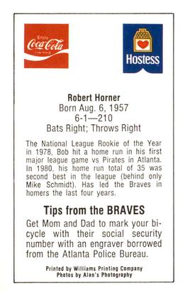 1982 Atlanta PAL Coca-Cola Atlanta Braves #NNO Bob Horner Back