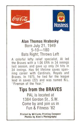1982 Atlanta PAL Coca-Cola Atlanta Braves #NNO Al Hrabosky Back