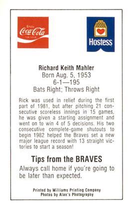 1982 Atlanta PAL Coca-Cola Atlanta Braves #NNO Rick Mahler Back