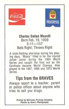 1982 Atlanta PAL Coca-Cola Atlanta Braves #NNO Dal Maxvill Back