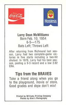 1982 Atlanta PAL Coca-Cola Atlanta Braves #NNO Larry McWilliams Back