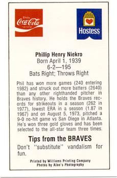 1982 Atlanta PAL Coca-Cola Atlanta Braves #NNO Phil Niekro Back
