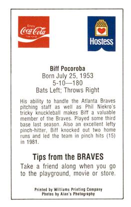 1982 Atlanta PAL Coca-Cola Atlanta Braves #NNO Biff Pocoroba Back