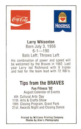 1982 Atlanta PAL Coca-Cola Atlanta Braves #NNO Larry Whisenton Back