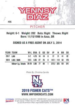 2019 Choice New Hampshire Fisher Cats #6 Yennsy Diaz Back