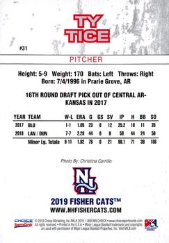 2019 Choice New Hampshire Fisher Cats #31 Ty Tice Back