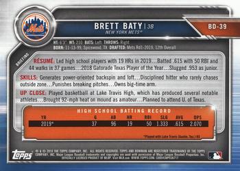 2019 Bowman Draft #BD-39 Brett Baty Back