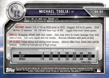 2019 Bowman Draft #BD-64 Michael Toglia Back