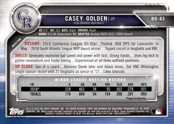 2019 Bowman Draft #BD-83 Casey Golden Back