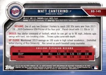 2019 Bowman Draft #BD-149 Matt Canterino Back