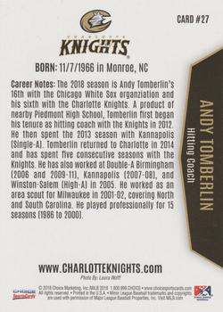2018 Choice Charlotte Knights #27 Andy Tomberlin Back