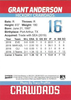 2019 Choice Hickory Crawdads #2 Grant Anderson Back
