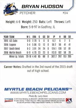 2019 Choice Myrtle Beach Pelicans #14 Bryan Hudson Back