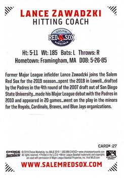 2019 Choice Salem Red Sox #27 Lance Zawadzki Back