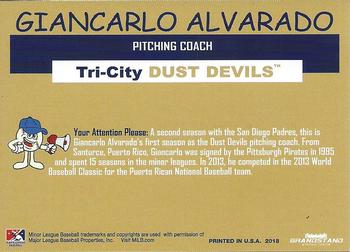 2018 Grandstand Tri-City Dust Devils #NNO Giancarlo Alvarado Back