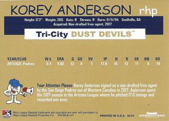 2018 Grandstand Tri-City Dust Devils #NNO Korey Anderson Back