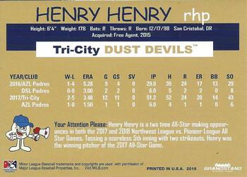 2018 Grandstand Tri-City Dust Devils #NNO Henry Henry Back