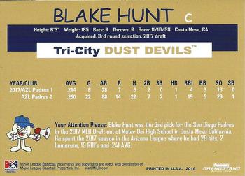 2018 Grandstand Tri-City Dust Devils #NNO Blake Hunt Back