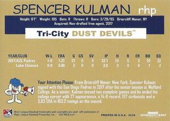 2018 Grandstand Tri-City Dust Devils #NNO Spencer Kulman Back