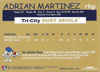 2018 Grandstand Tri-City Dust Devils #NNO Adrian Martinez Back