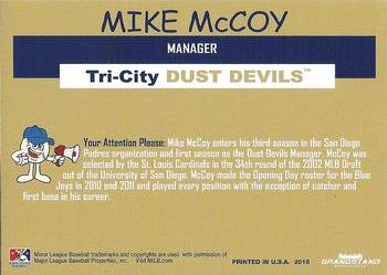 2018 Grandstand Tri-City Dust Devils #NNO Mike McCoy Back