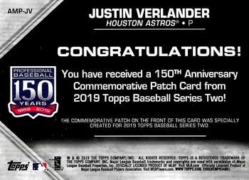 2019 Topps - 150th Anniversary Commemorative Patches (Series Two) #AMP-JV Justin Verlander Back