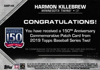 2019 Topps - 150th Anniversary Commemorative Patches Red (Series Two) #AMP-HK Harmon Killebrew Back