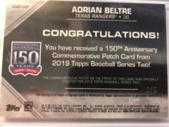 2019 Topps - 150th Anniversary Commemorative Patches Autographs (Series Two) #AMP-AB Adrian Beltre Back