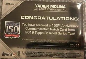 2019 Topps - 150th Anniversary Commemorative Patches Autographs (Series Two) #AMP-YM Yadier Molina Back