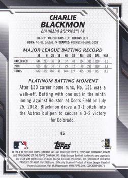 2019 Bowman Platinum - Ice #85 Charlie Blackmon Back