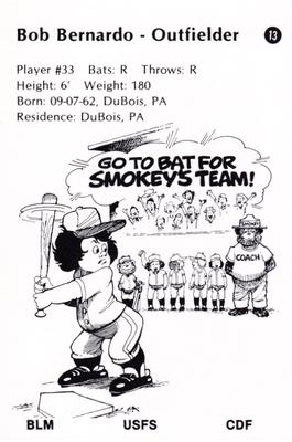 1987 Salinas Spurs Smokey #13 Bob Bernardo Back