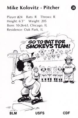 1987 Salinas Spurs Smokey #28 Mike Kolovitz Back