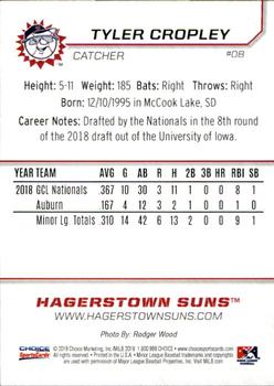 2019 Choice Hagerstown Suns #08 Tyler Cropley Back