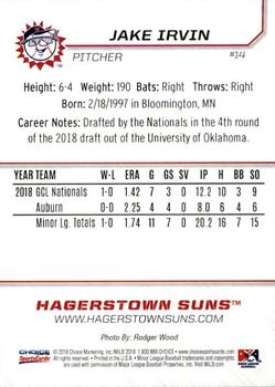2019 Choice Hagerstown Suns #14 Jake Irvin Back