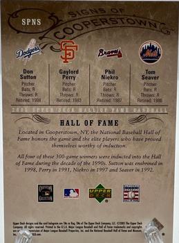 2005 Upper Deck Hall of Fame - Signs of Cooperstown Quads #SPNS Don Sutton / Gaylord Perry / Phil Niekro / Tom Seaver Back