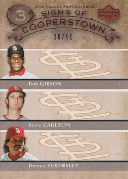 2005 Upper Deck Hall of Fame - Signs of Cooperstown Triples #GCE Bob Gibson / Steve Carlton / Dennis Eckersley Front