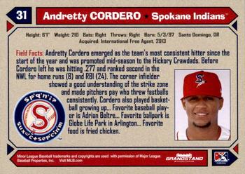2017 Grandstand Spokane Indians #NNO Andretty Cordero Back