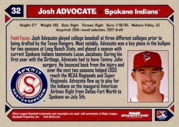 2017 Grandstand Spokane Indians #NNO Josh Advocate Back