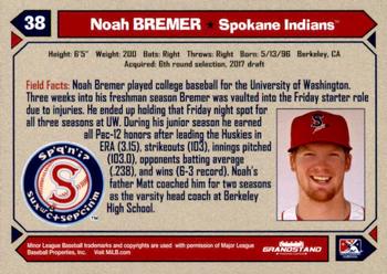 2017 Grandstand Spokane Indians #NNO Noah Bremer Back