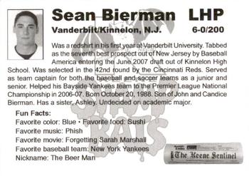 2008 Keene Swamp Bats #NNO Sean Bierman Back