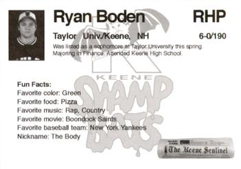 2008 Keene Swamp Bats #NNO Ryan Boden Back