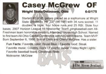 2008 Keene Swamp Bats #NNO Casey McGrew Back