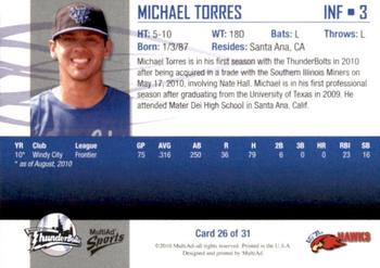 2010 MultiAd Windy City ThunderBolts #26 Michael Torres Back