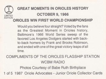 1987 Oriole Advocates Junior Oriole Collectors #1 Orioles Win First World Championship Back