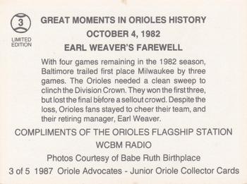 1987 Oriole Advocates Junior Oriole Collectors #3 Earl Weaver's Farewell Back