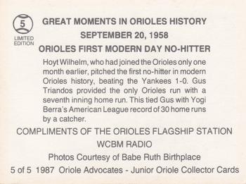 1987 Oriole Advocates Junior Oriole Collectors #5 Orioles First Modern Day No-Hitter Back