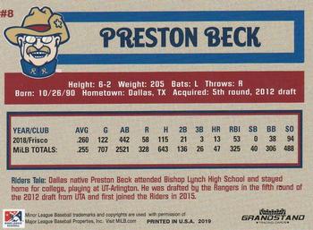 2019 Grandstand Frisco RoughRiders #NNO Preston Beck Back