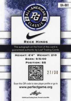 2018 Leaf Metal Perfect Game All-American - Prismatic Blue Auto #BA-RH1 Rece Hinds Back